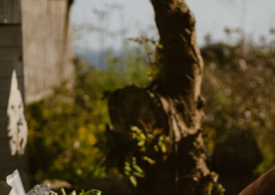 "Freshly topped pizza on a wooden peel beside containers of ingredients, in an outdoor setting with soft sunlight and natural surroundings."